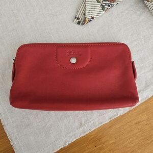 Longchamp Le Pliage Pouch Clutch Wristlet Bag Smooth Leather Cherry Red